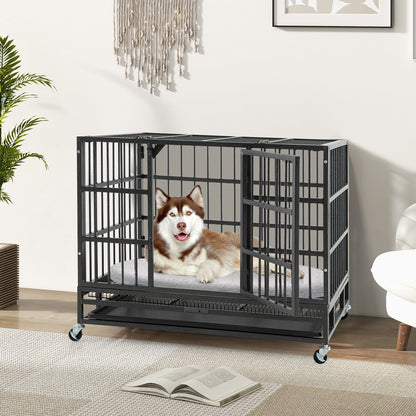 38 Inch Foldable Heavy-Duty Metal Dog Cage with Lockable Rolling Casters and Tray-38 inches, Black Dog Kennels   at Gallery Canada