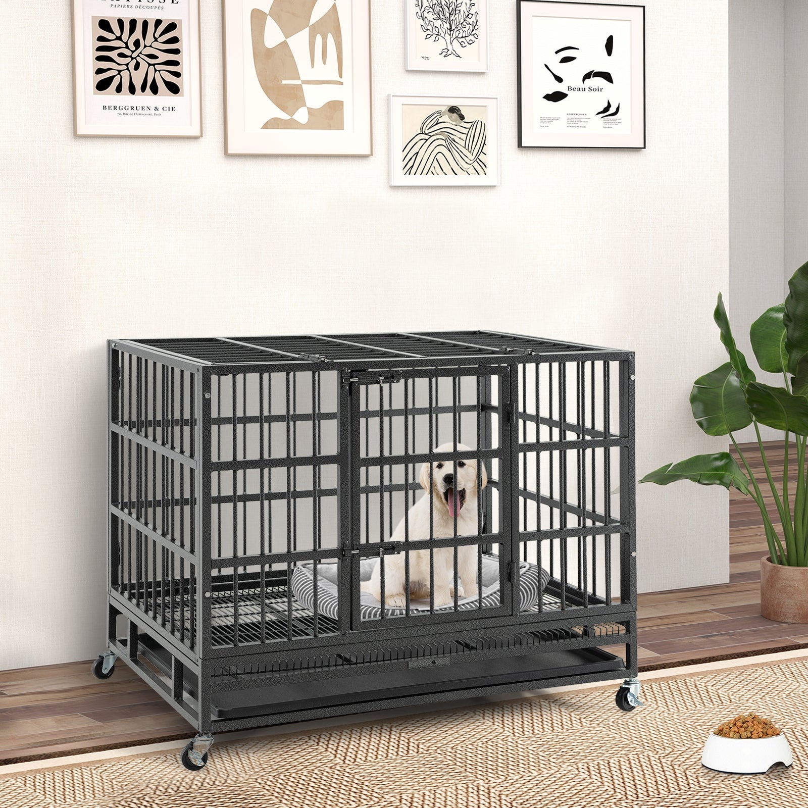 38 Inch Foldable Heavy-Duty Metal Dog Cage with Lockable Rolling Casters and Tray-38 inches, Black Dog Kennels   at Gallery Canada