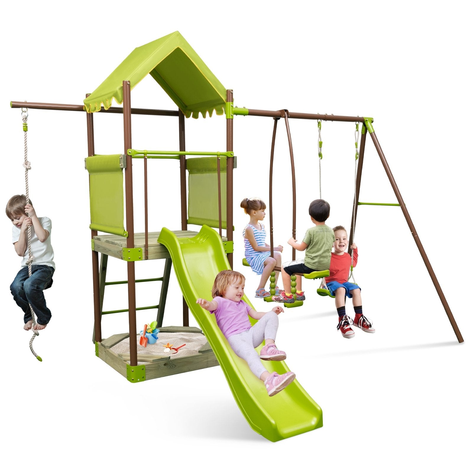 7-in-1 Kids Outdoor Metal Playset with Wave Slide and Climbing Rope, Green Swing & Playsets   at Gallery Canada