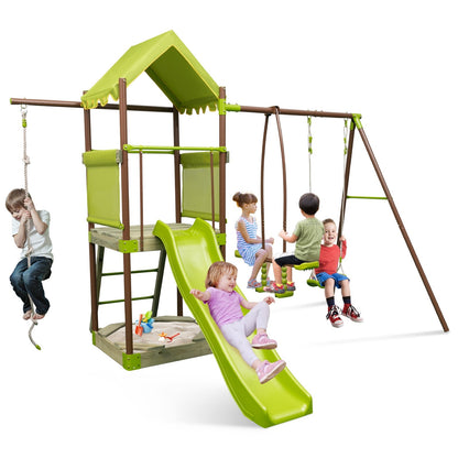 7-in-1 Kids Outdoor Metal Playset with Wave Slide and Climbing Rope, Green Swing & Playsets   at Gallery Canada