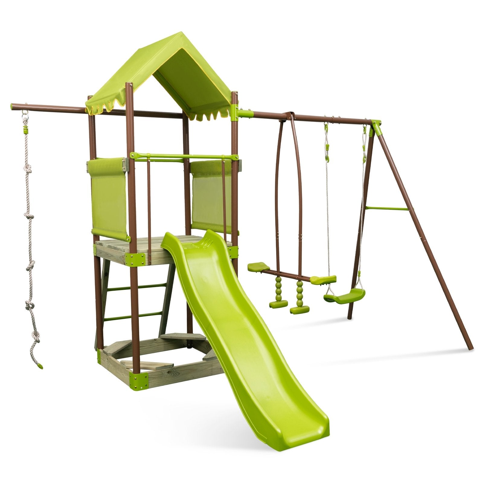 7-in-1 Kids Outdoor Metal Playset with Wave Slide and Climbing Rope, Green Swing & Playsets   at Gallery Canada