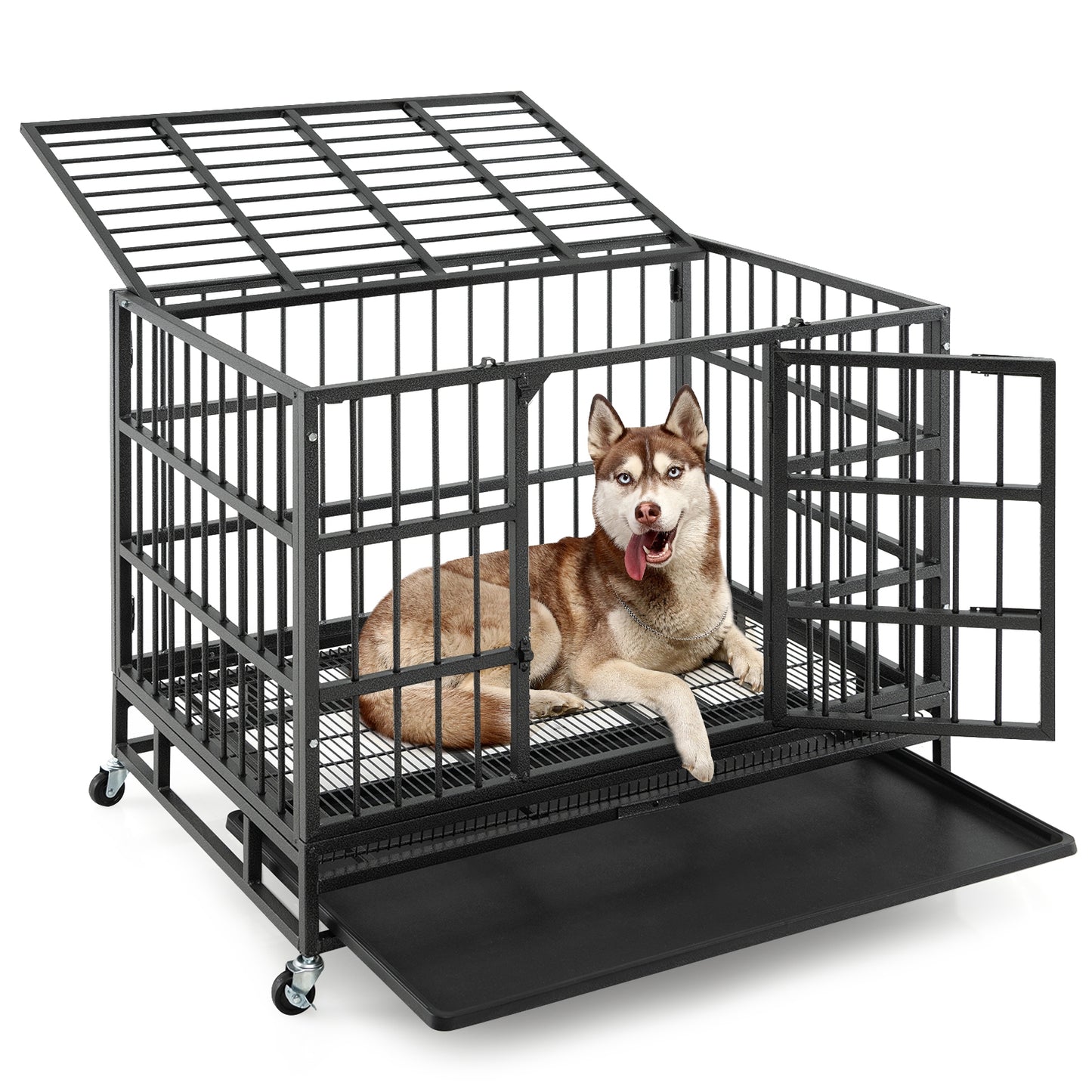 38 Inch Foldable Heavy-Duty Metal Dog Cage with Lockable Rolling Casters and Tray-38 inches, Black Dog Kennels Black  at Gallery Canada