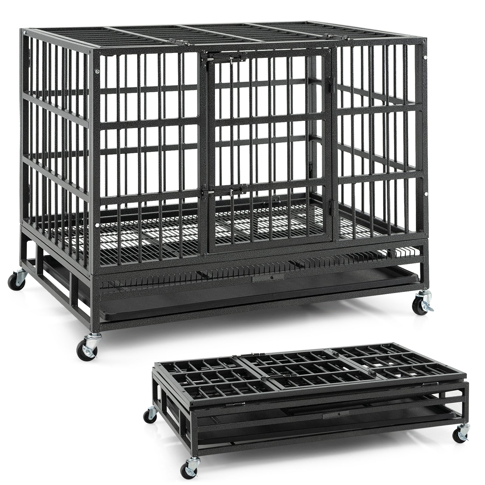 38 Inch Foldable Heavy-Duty Metal Dog Cage with Lockable Rolling Casters and Tray-38 inches, Black Dog Kennels   at Gallery Canada