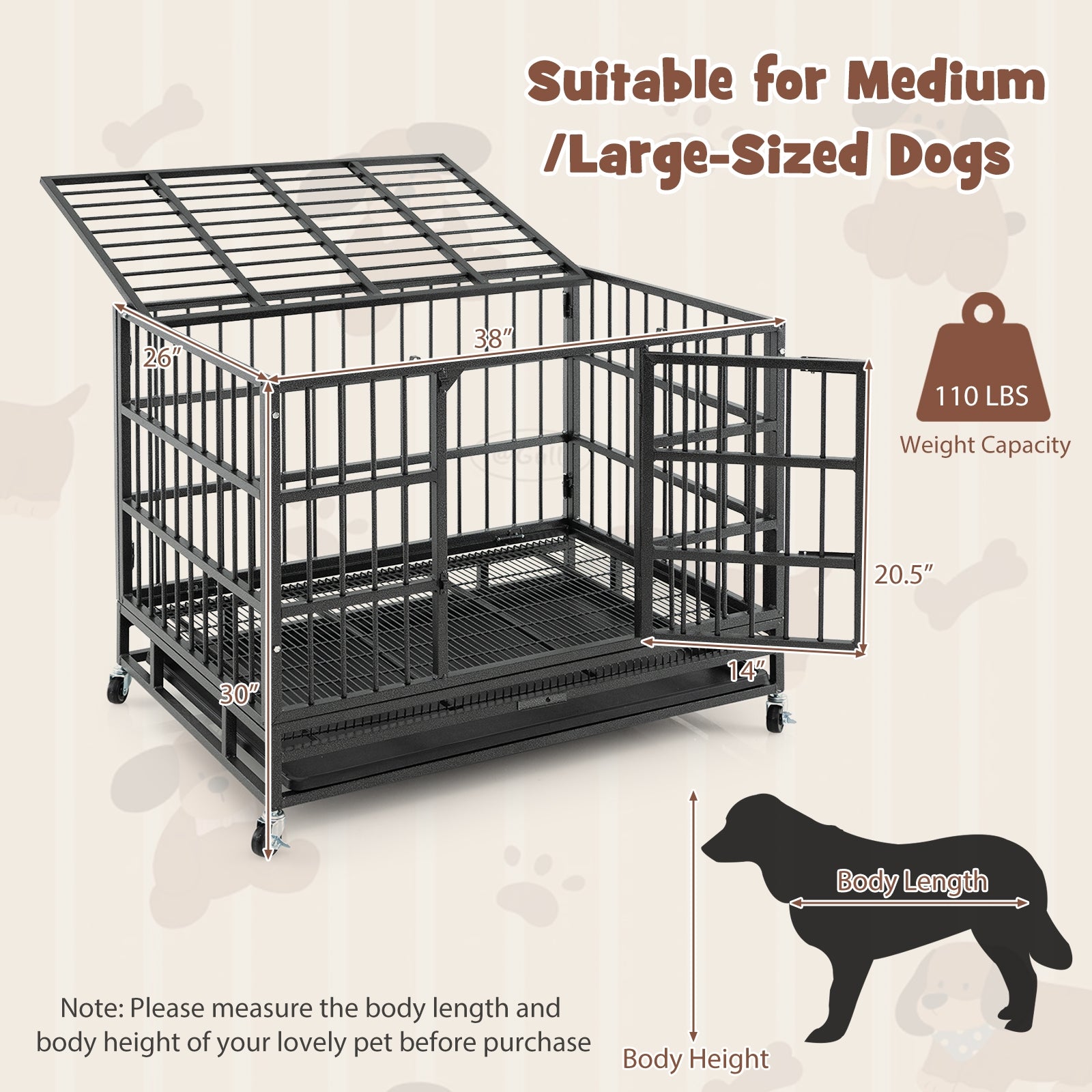 38 Inch Foldable Heavy-Duty Metal Dog Cage with Lockable Rolling Casters and Tray-38 inches, Black Dog Kennels   at Gallery Canada