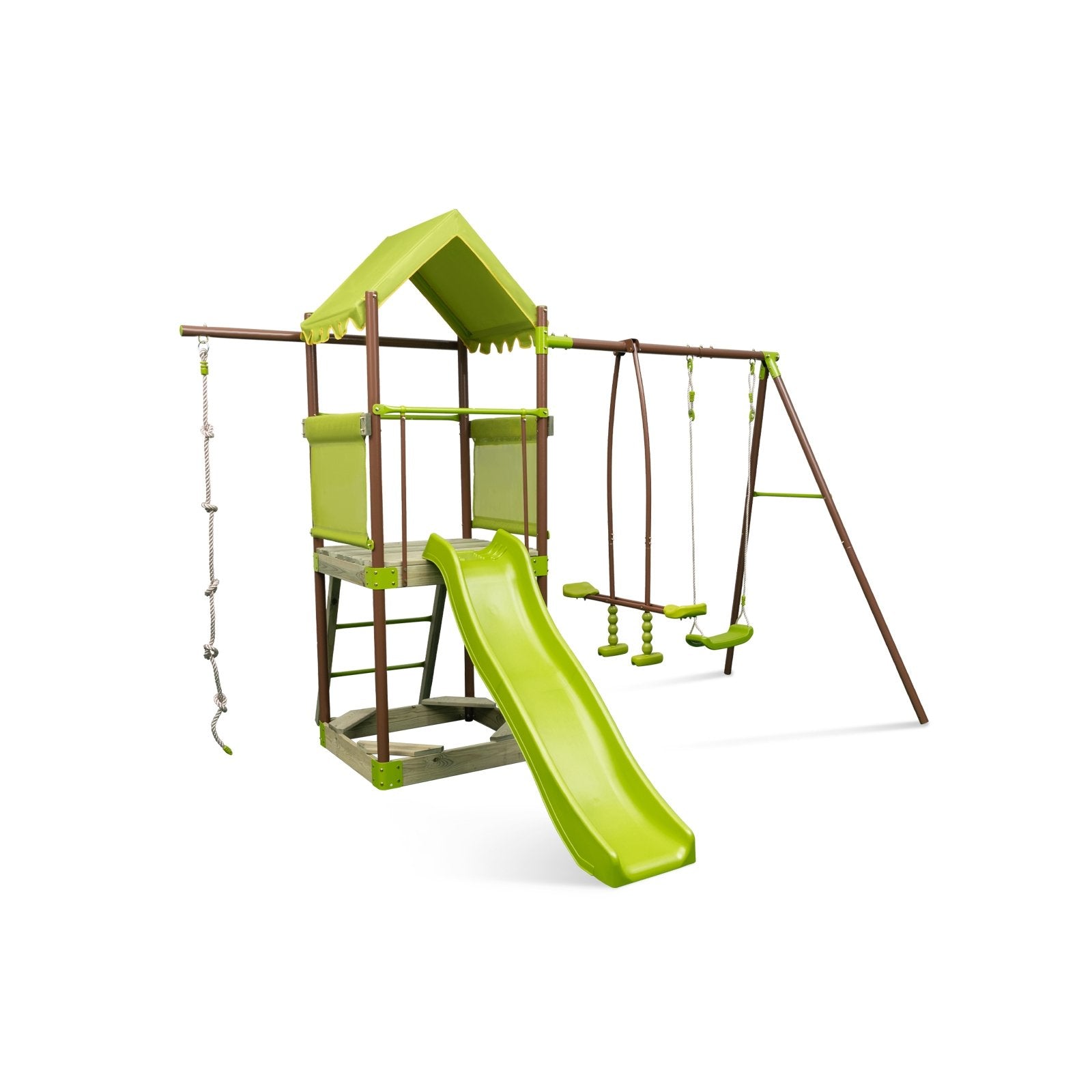 7-in-1 Kids Outdoor Metal Playset with Wave Slide and Climbing Rope, Green Swing & Playsets   at Gallery Canada