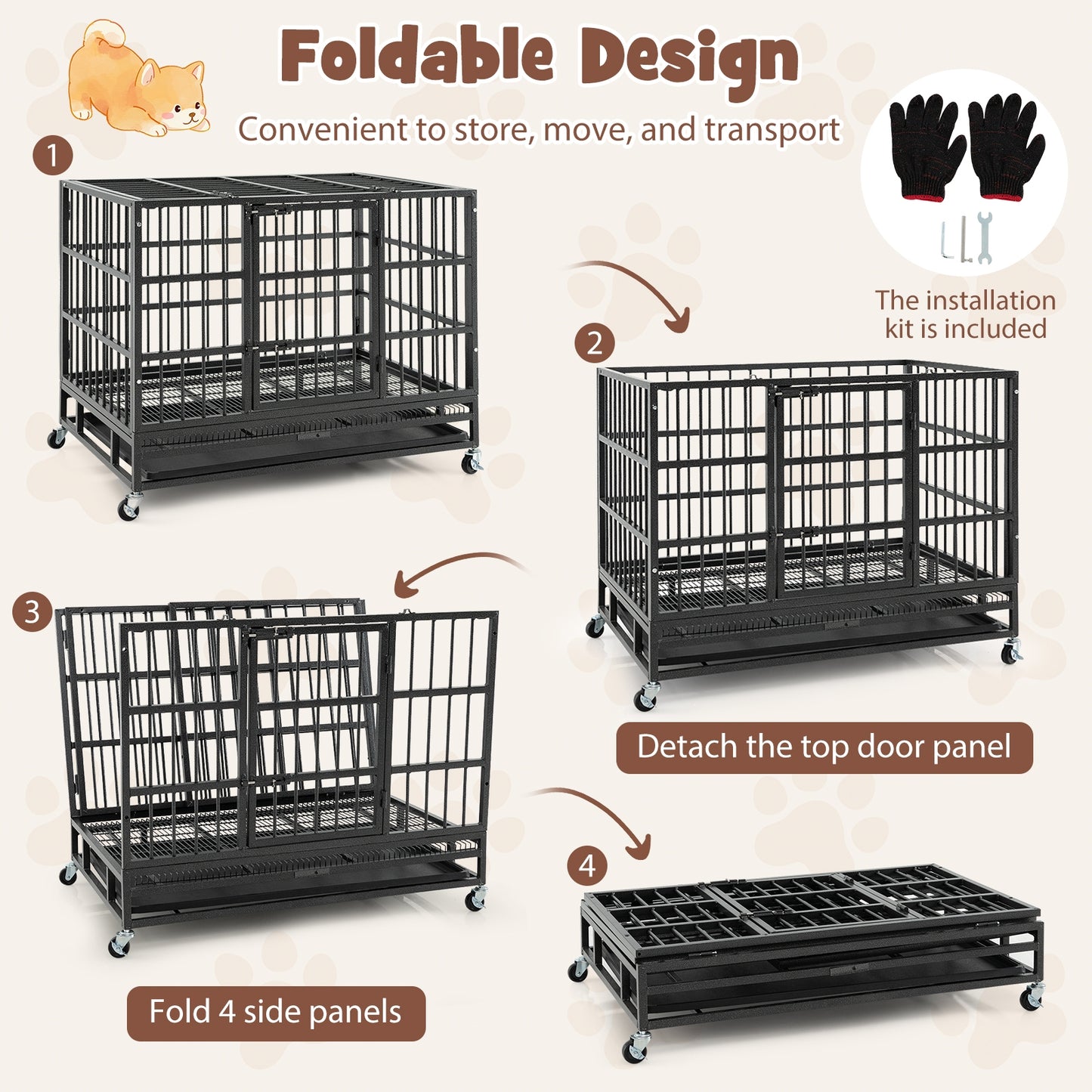 38 Inch Foldable Heavy-Duty Metal Dog Cage with Lockable Rolling Casters and Tray-38 inches, Black Dog Kennels   at Gallery Canada