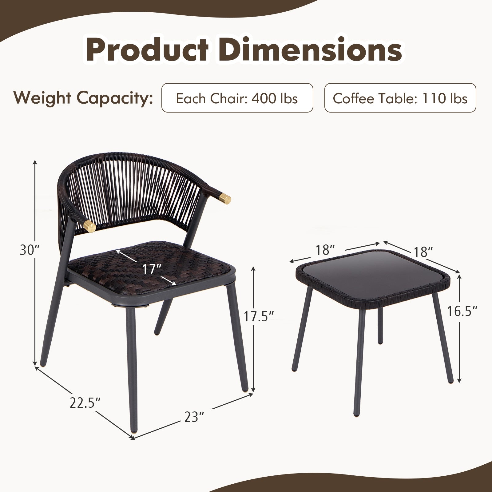 3 Pieces Patio Rattan Furniture Set for Backyard Poolside-Brown and Black, Brown Patio Conversation Sets   at Gallery Canada