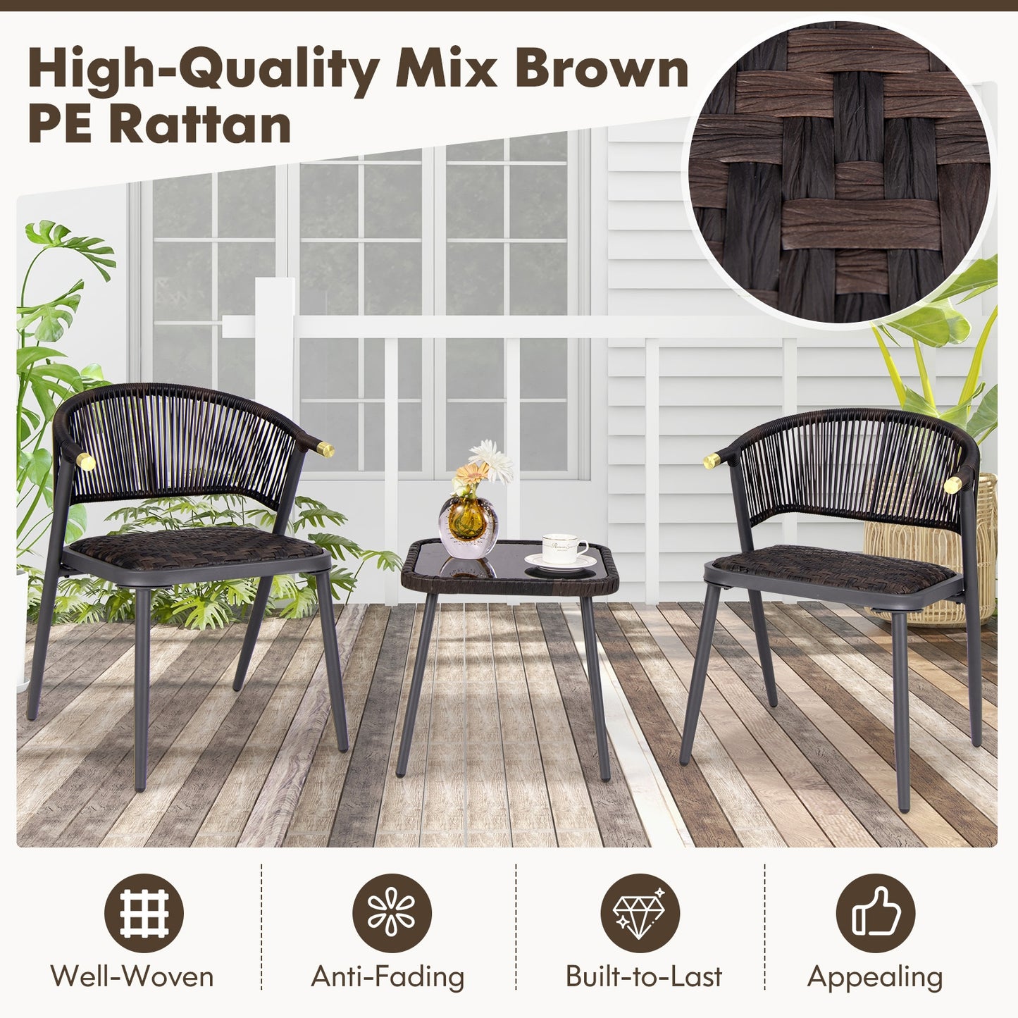 3 Pieces Patio Rattan Furniture Set for Backyard Poolside-Brown and Black, Brown Patio Conversation Sets   at Gallery Canada