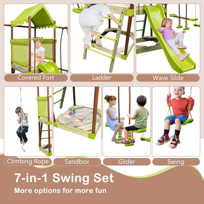 7-in-1 Kids Outdoor Metal Playset with Wave Slide and Climbing Rope, Green Swing & Playsets   at Gallery Canada