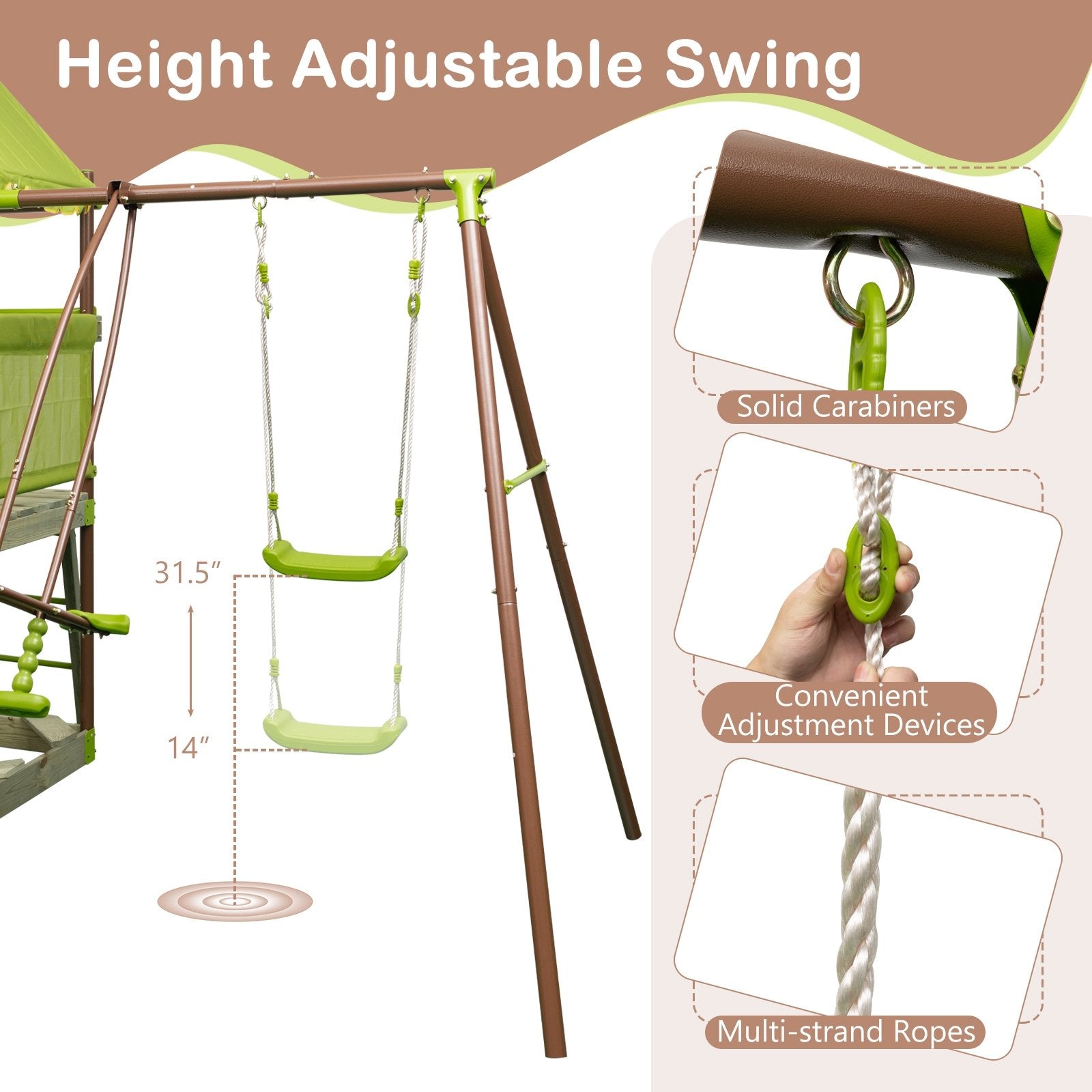 7-in-1 Kids Outdoor Metal Playset with Wave Slide and Climbing Rope, Green Swing & Playsets   at Gallery Canada