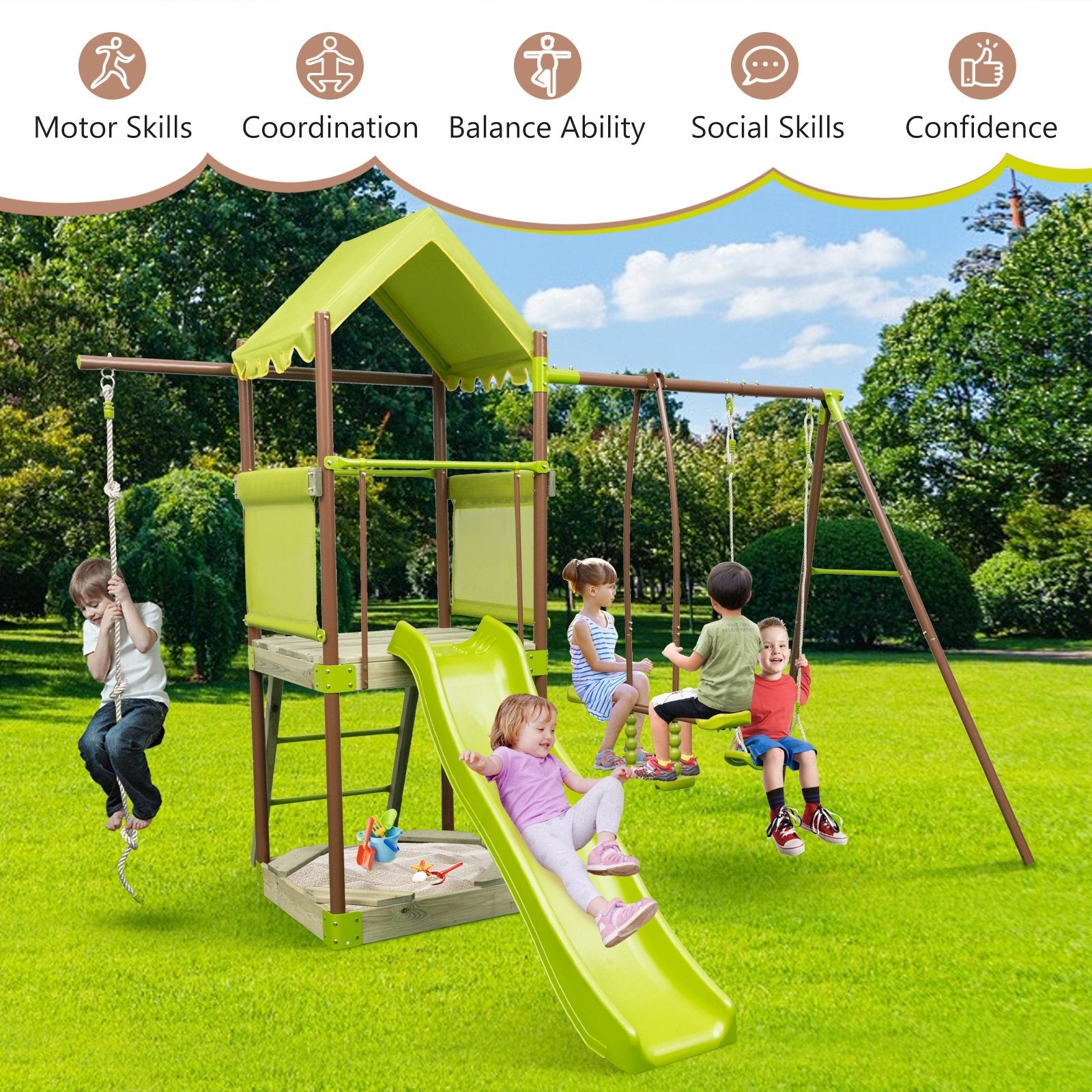 7-in-1 Kids Outdoor Metal Playset with Wave Slide and Climbing Rope, Green Swing & Playsets   at Gallery Canada