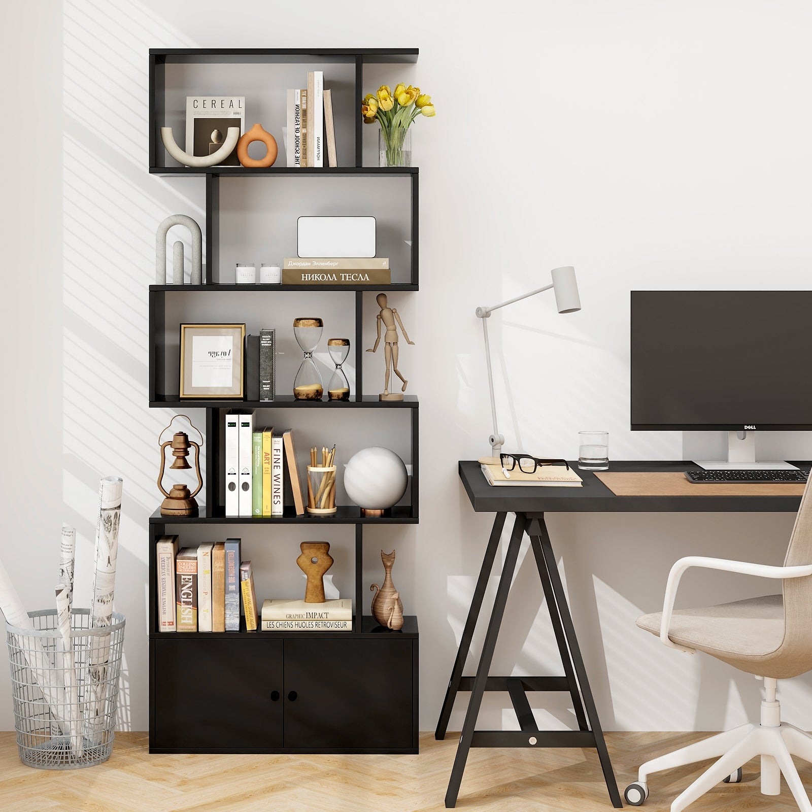 6-Tier S-Shaped Freestanding Bookshelf with Cabinet and Doors, Black - Gallery Canada