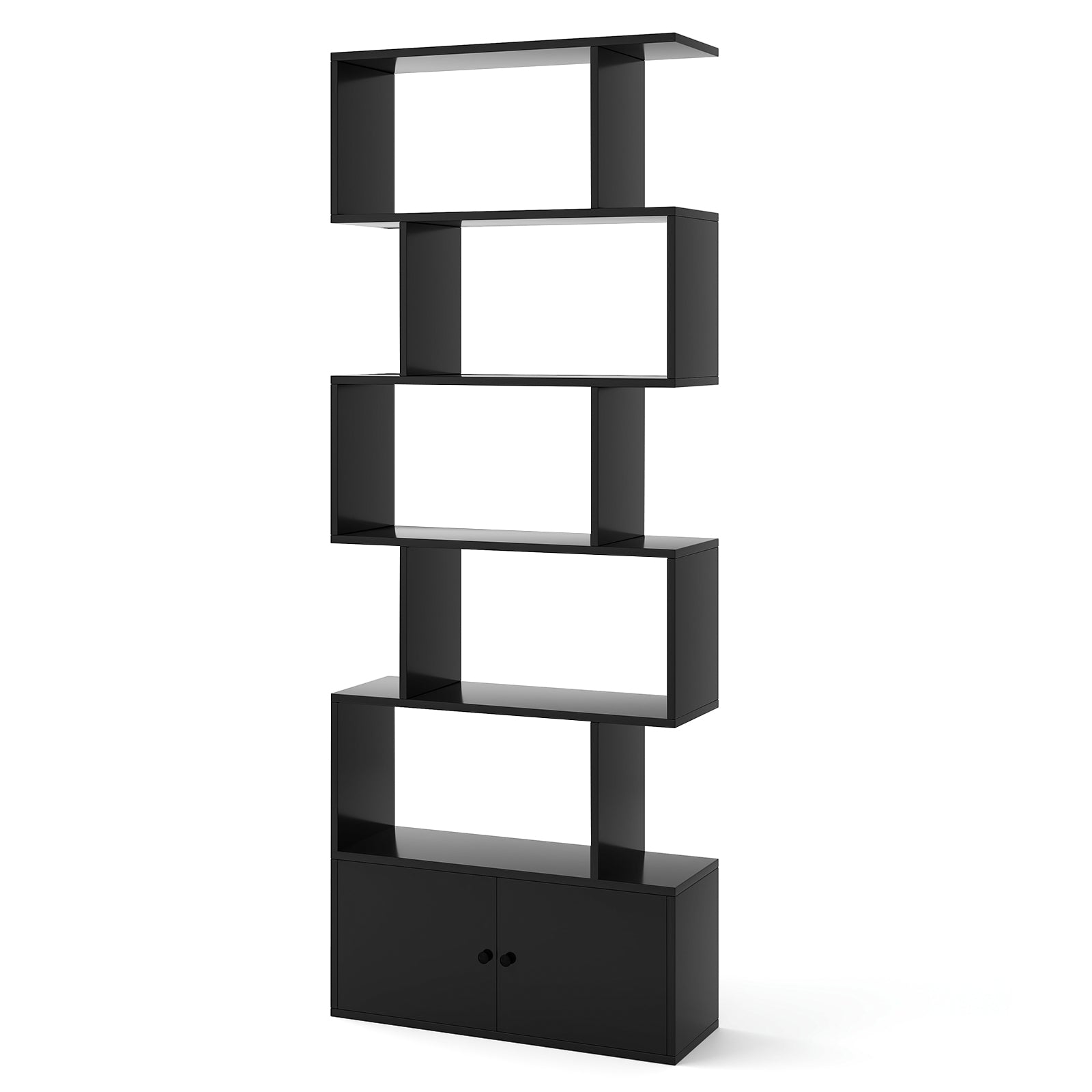 6-Tier S-Shaped Freestanding Bookshelf with Cabinet and Doors, Black - Gallery Canada
