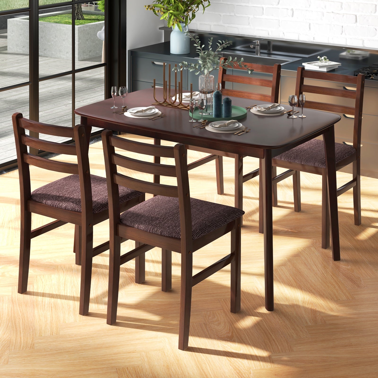 Vintage Wooden Dining Table Set for 4 with Padded Seat and Curved Backrest Dining Room Sets   at Gallery Canada