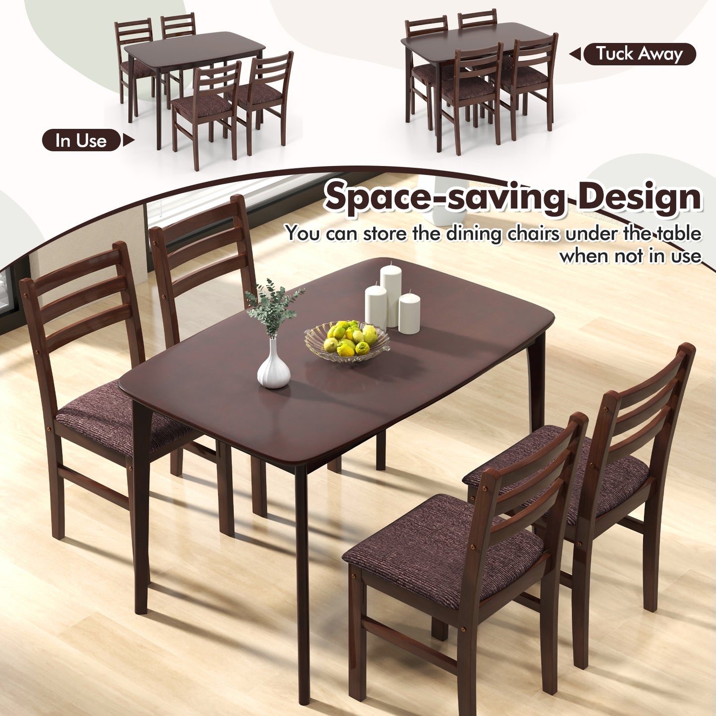 Vintage Wooden Dining Table Set for 4 with Padded Seat and Curved Backrest Dining Room Sets   at Gallery Canada