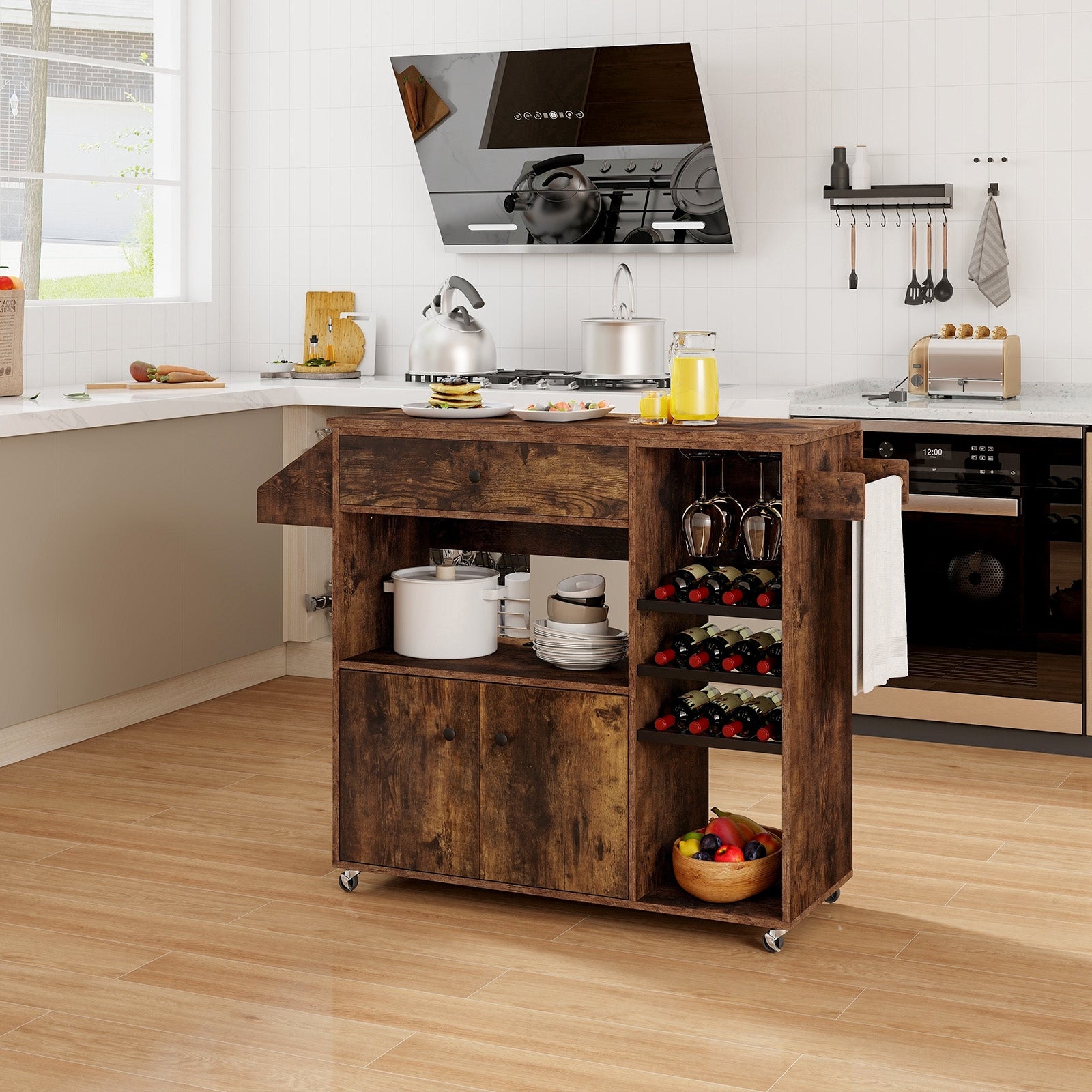 Drop Leaf Mobile Kitchen Island Cart with Power Outlet and Adjustable Shelf, Rustic Brown Kitchen Islands & Carts   at Gallery Canada