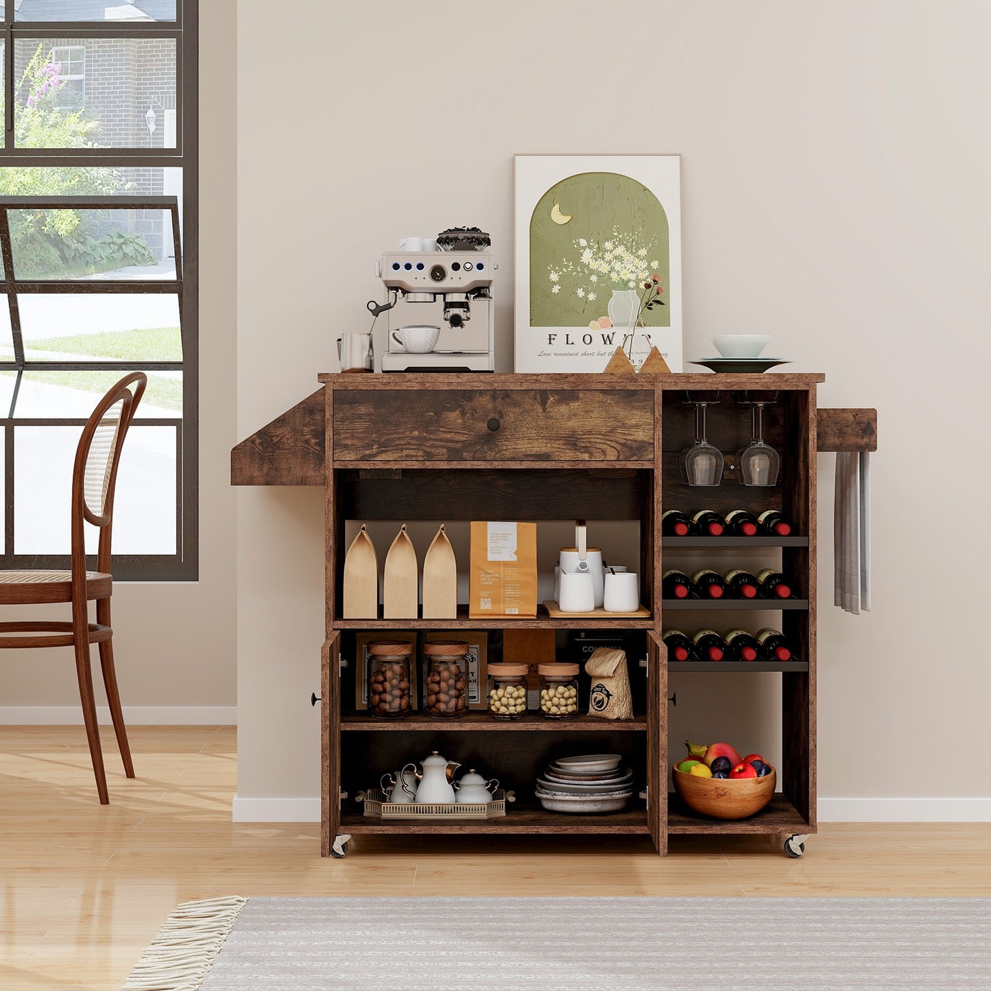 Drop Leaf Mobile Kitchen Island Cart with Power Outlet and Adjustable Shelf, Rustic Brown Kitchen Islands & Carts   at Gallery Canada