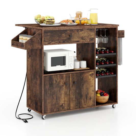 Drop Leaf Mobile Kitchen Island Cart with Power Outlet and Adjustable Shelf, Rustic Brown Kitchen Islands & Carts Rustic Brown  at Gallery Canada