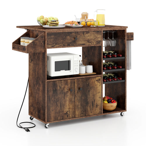 Drop Leaf Mobile Kitchen Island Cart with Power Outlet and Adjustable Shelf, Rustic Brown