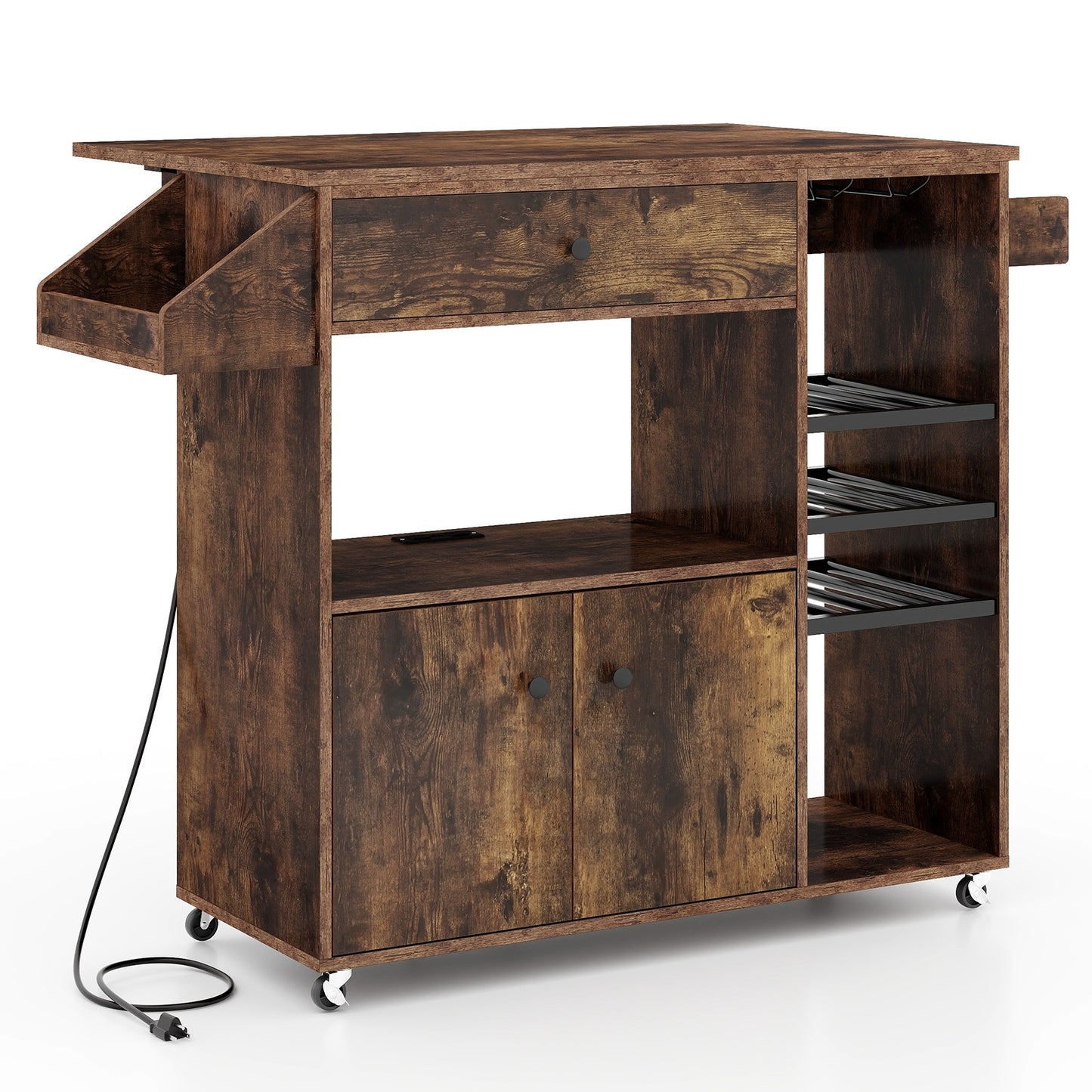 Drop Leaf Mobile Kitchen Island Cart with Power Outlet and Adjustable Shelf, Rustic Brown Kitchen Islands & Carts   at Gallery Canada