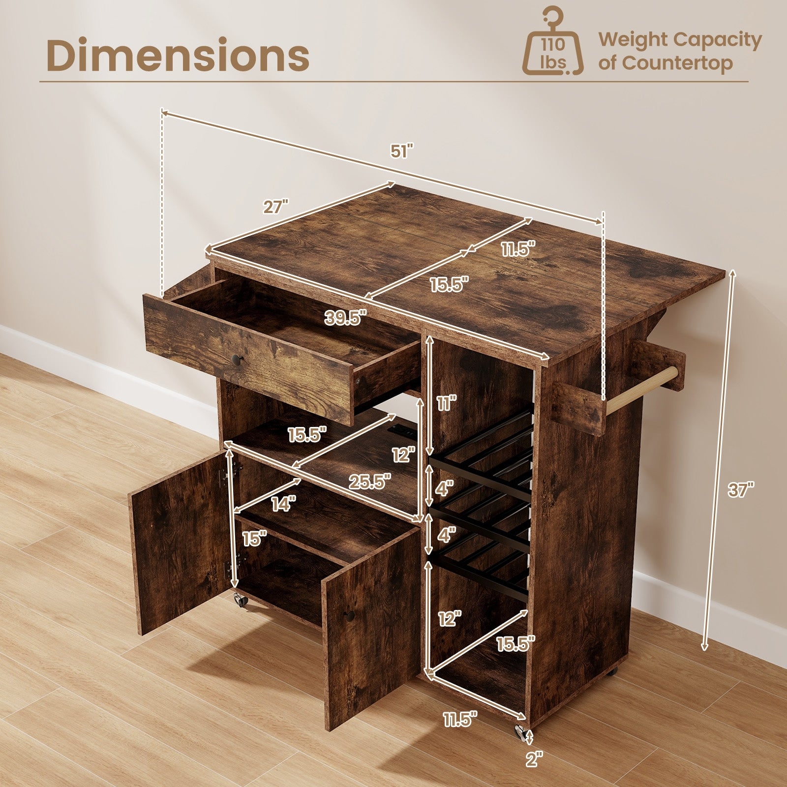 Drop Leaf Mobile Kitchen Island Cart with Power Outlet and Adjustable Shelf, Rustic Brown Kitchen Islands & Carts   at Gallery Canada