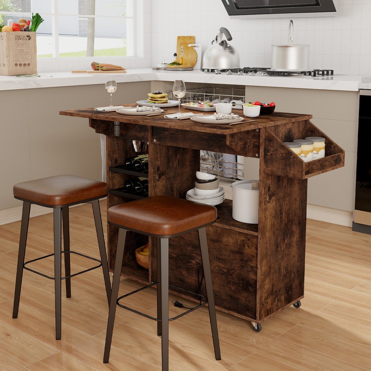 Drop Leaf Mobile Kitchen Island Cart with Power Outlet and Adjustable Shelf, Rustic Brown Kitchen Islands & Carts   at Gallery Canada