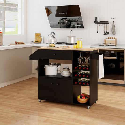 Drop Leaf Mobile Kitchen Island Cart with Power Outlet and Adjustable Shelf-Black and Natural, Black - Gallery Canada