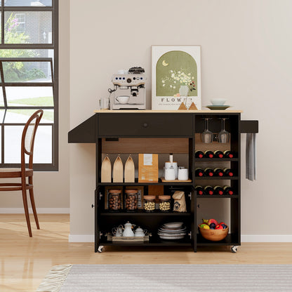 Drop Leaf Mobile Kitchen Island Cart with Power Outlet and Adjustable Shelf-Black and Natural, Black Kitchen Islands & Carts   at Gallery Canada