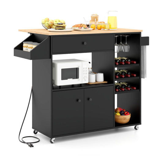 Drop Leaf Mobile Kitchen Island Cart with Power Outlet and Adjustable Shelf-Black and Natural, Black - Gallery Canada