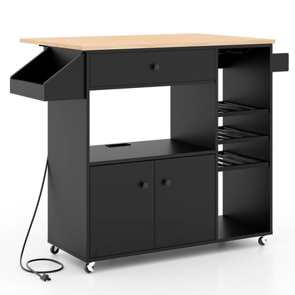 Drop Leaf Mobile Kitchen Island Cart with Power Outlet and Adjustable Shelf-Black and Natural, Black Kitchen Islands & Carts   at Gallery Canada