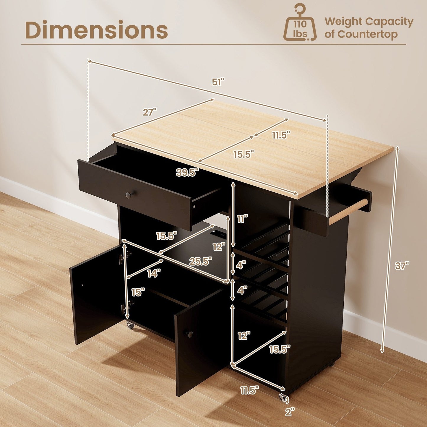 Drop Leaf Mobile Kitchen Island Cart with Power Outlet and Adjustable Shelf-Black and Natural, Black Kitchen Islands & Carts   at Gallery Canada