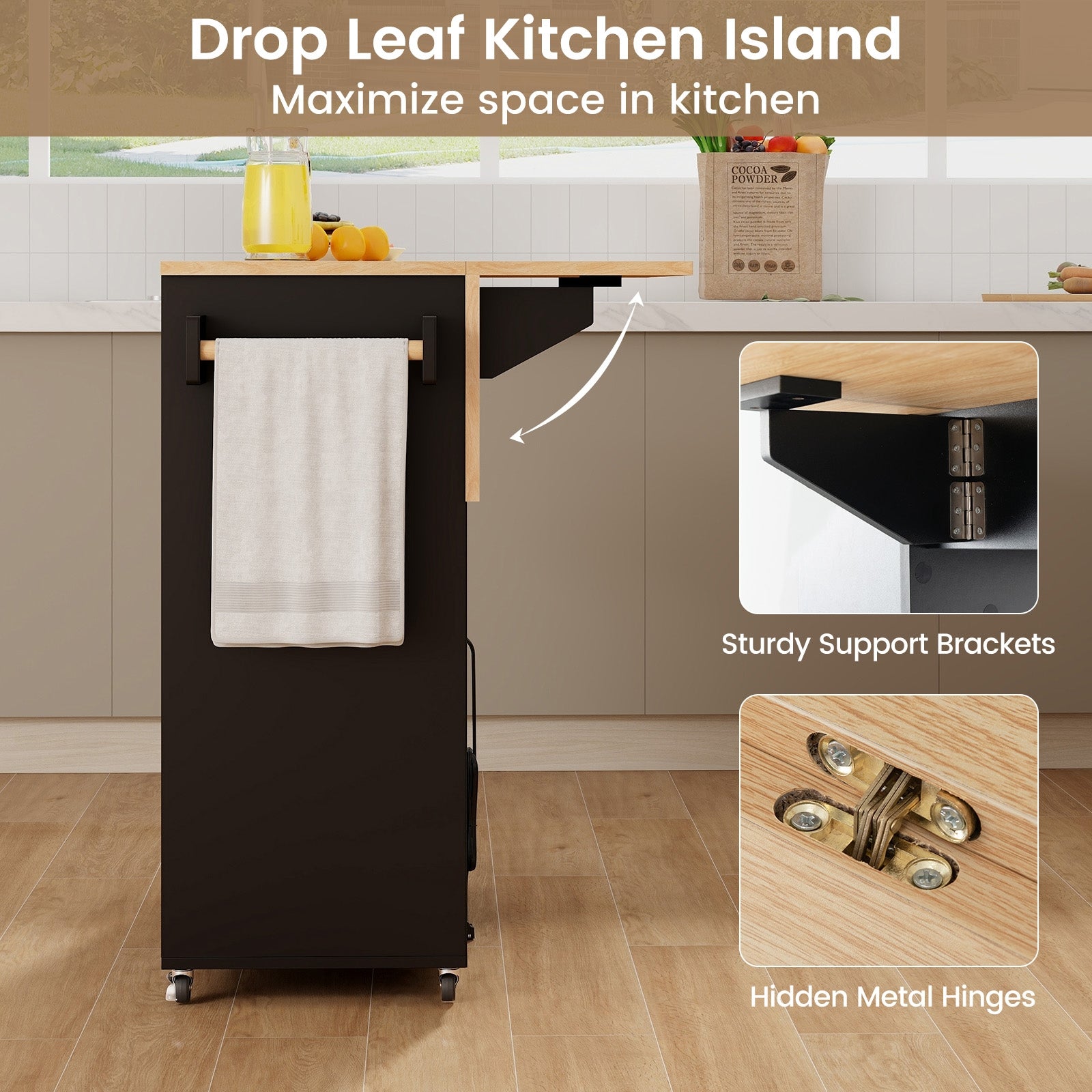 Drop Leaf Mobile Kitchen Island Cart with Power Outlet and Adjustable Shelf-Black and Natural, Black Kitchen Islands & Carts   at Gallery Canada