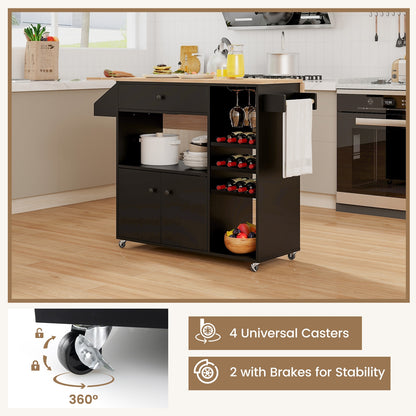 Drop Leaf Mobile Kitchen Island Cart with Power Outlet and Adjustable Shelf-Black and Natural, Black Kitchen Islands & Carts   at Gallery Canada