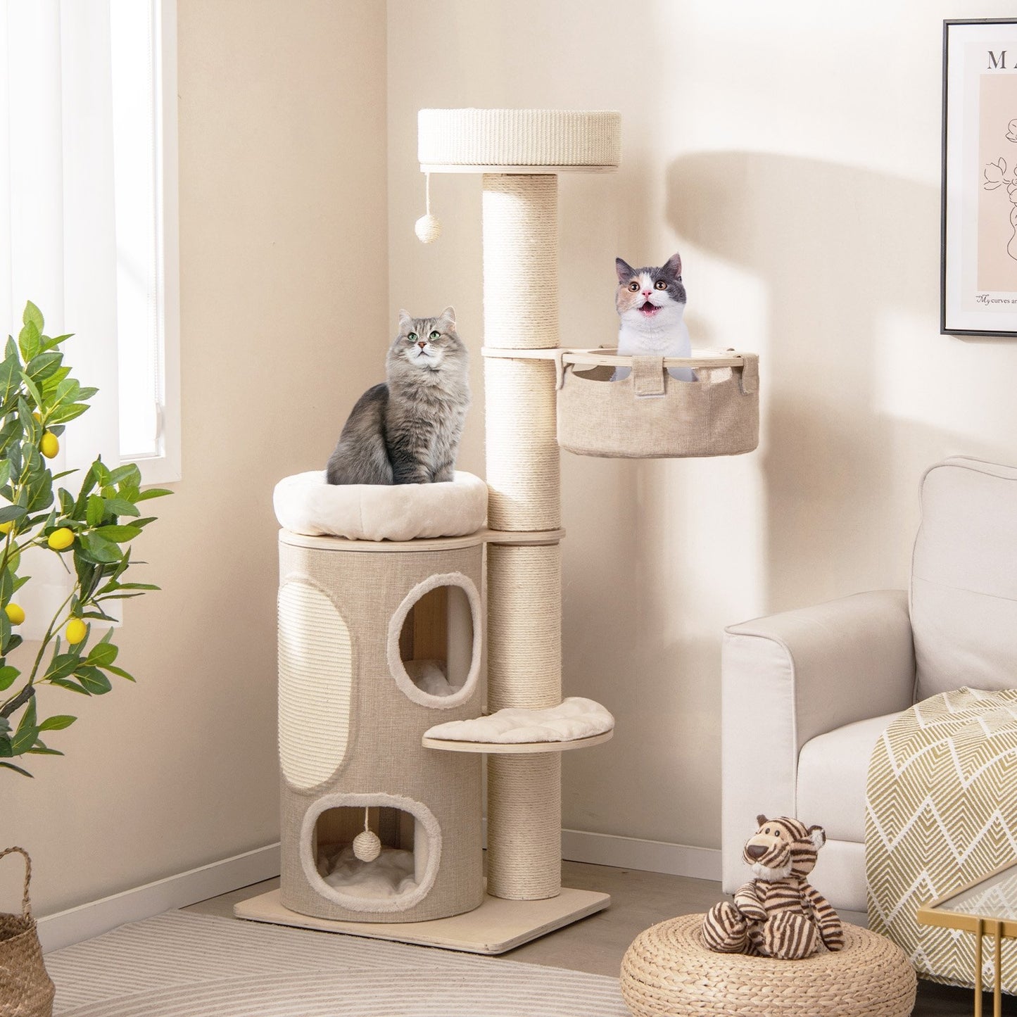 61 Inches Cat Tree for Indoor Cats with 2-storey Condo and Top Perch, Natural Cat Trees Condos & Scratchers at Gallery Canada