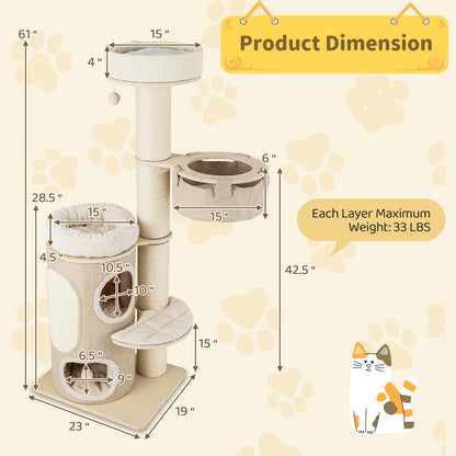 61 Inches Cat Tree for Indoor Cats with 2-storey Condo and Top Perch, Natural Cat Trees Condos & Scratchers at Gallery Canada