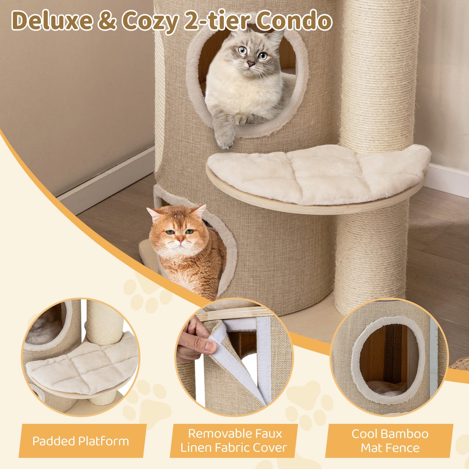 61 Inches Cat Tree for Indoor Cats with 2-storey Condo and Top Perch, Natural Cat Trees Condos & Scratchers at Gallery Canada