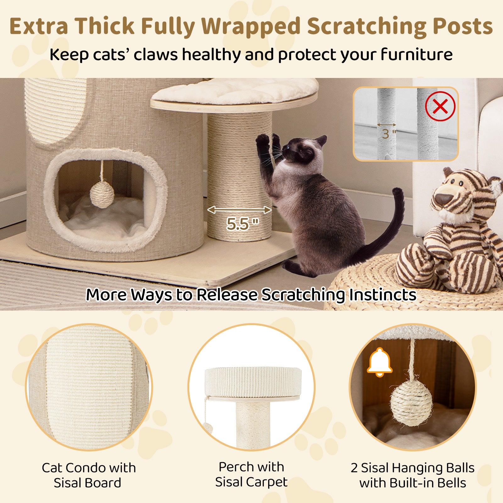 61 Inches Cat Tree for Indoor Cats with 2-storey Condo and Top Perch, Natural Cat Trees Condos & Scratchers at Gallery Canada