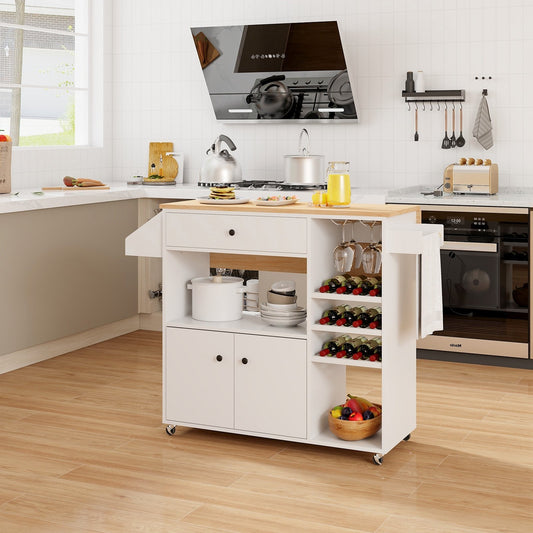 Drop Leaf Mobile Kitchen Island Cart with Power Outlet and Adjustable Shelf, White - Gallery Canada