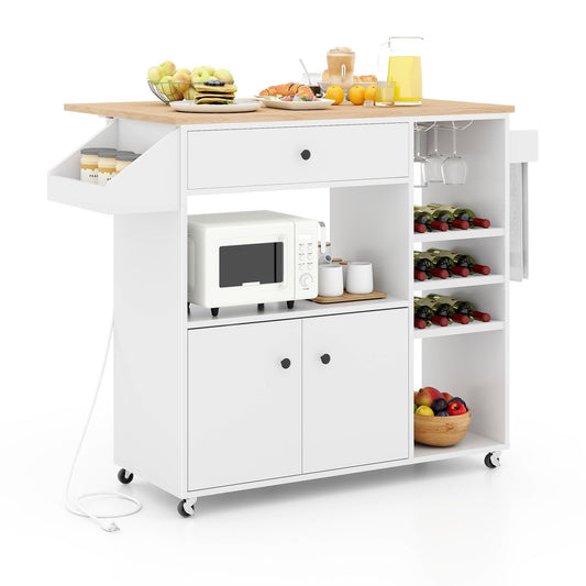 Drop Leaf Mobile Kitchen Island Cart with Power Outlet and Adjustable Shelf, White - Gallery Canada