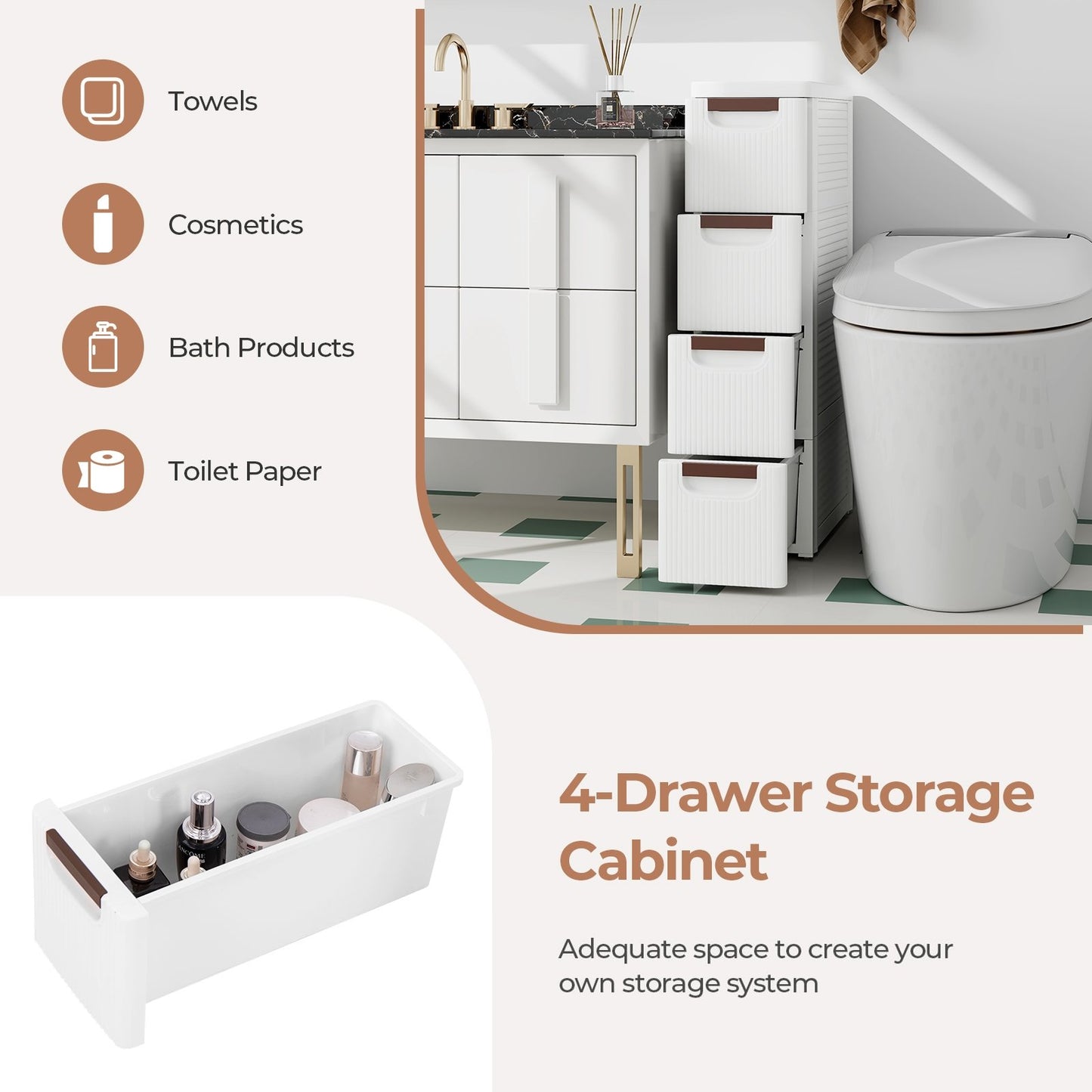 3/4/5/6-Drawer Rolling Organizer Unit Narrow Storage Cabinet with Built-In Wheels for Small Space-4-Drawer, White Dressers & Chests   at Gallery Canada