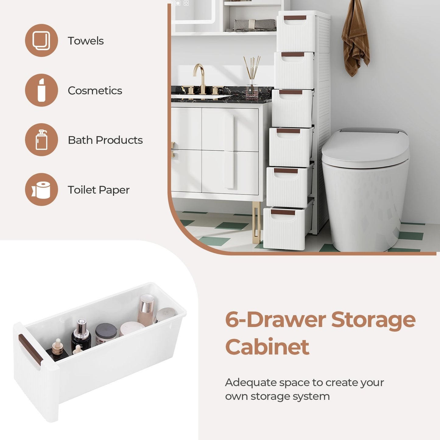 3/4/5/6-Drawer Rolling Organizer Unit Narrow Storage Cabinet with Built-In Wheels for Small Space-6-Drawer, White Dressers & Chests   at Gallery Canada