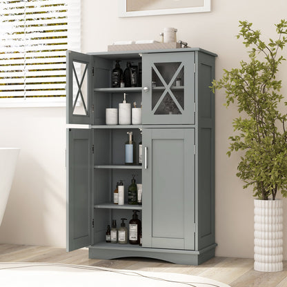 4 Doors Freeestanding Bathroom Floor Cabinet with Adjustable Shelves, Gray Floor Cabinets   at Gallery Canada