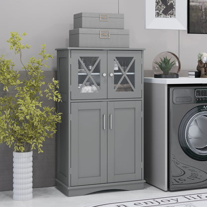 4 Doors Freeestanding Bathroom Floor Cabinet with Adjustable Shelves, Gray Floor Cabinets   at Gallery Canada