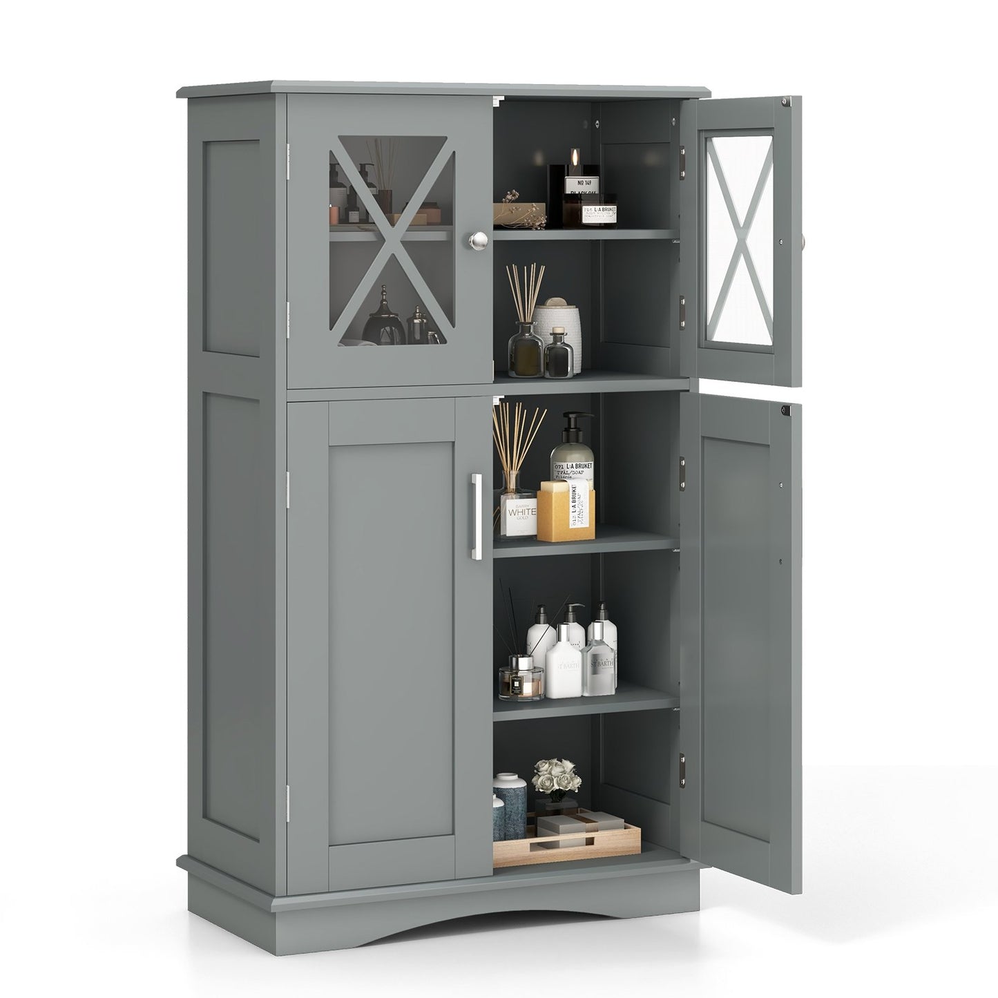 4 Doors Freeestanding Bathroom Floor Cabinet with Adjustable Shelves, Gray Floor Cabinets Gray  at Gallery Canada