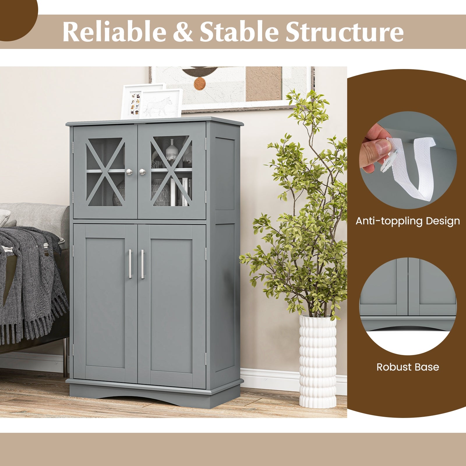 4 Doors Freeestanding Bathroom Floor Cabinet with Adjustable Shelves, Gray Floor Cabinets   at Gallery Canada