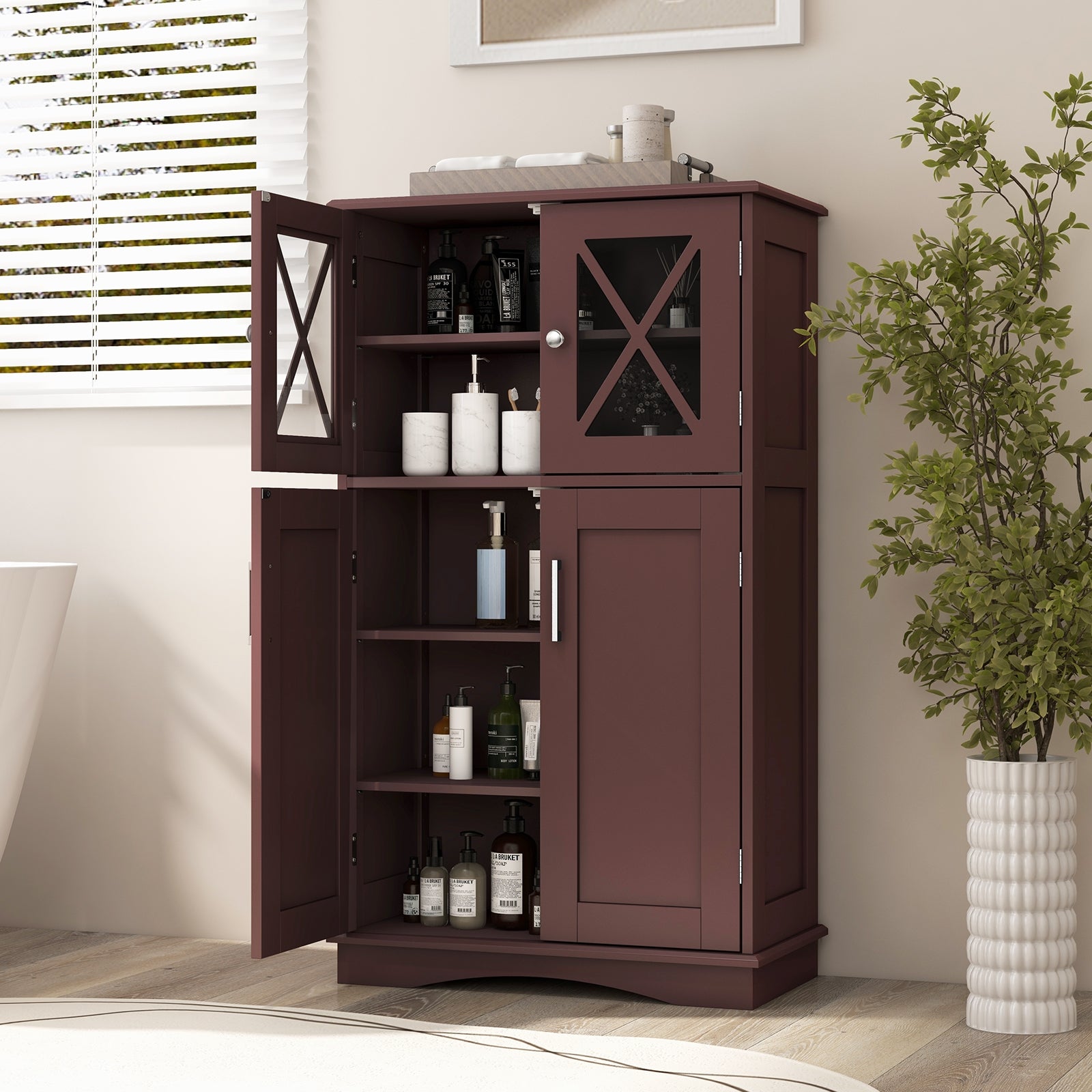 4 Doors Freestanding Bathroom Floor Cabinet with Adjustable Shelves, Brown Floor Cabinets   at Gallery Canada