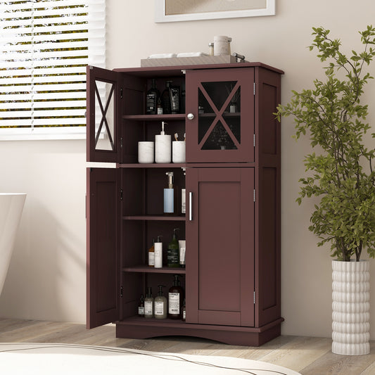 4 Doors Freestanding Bathroom Floor Cabinet with Adjustable Shelves, Brown - Gallery Canada