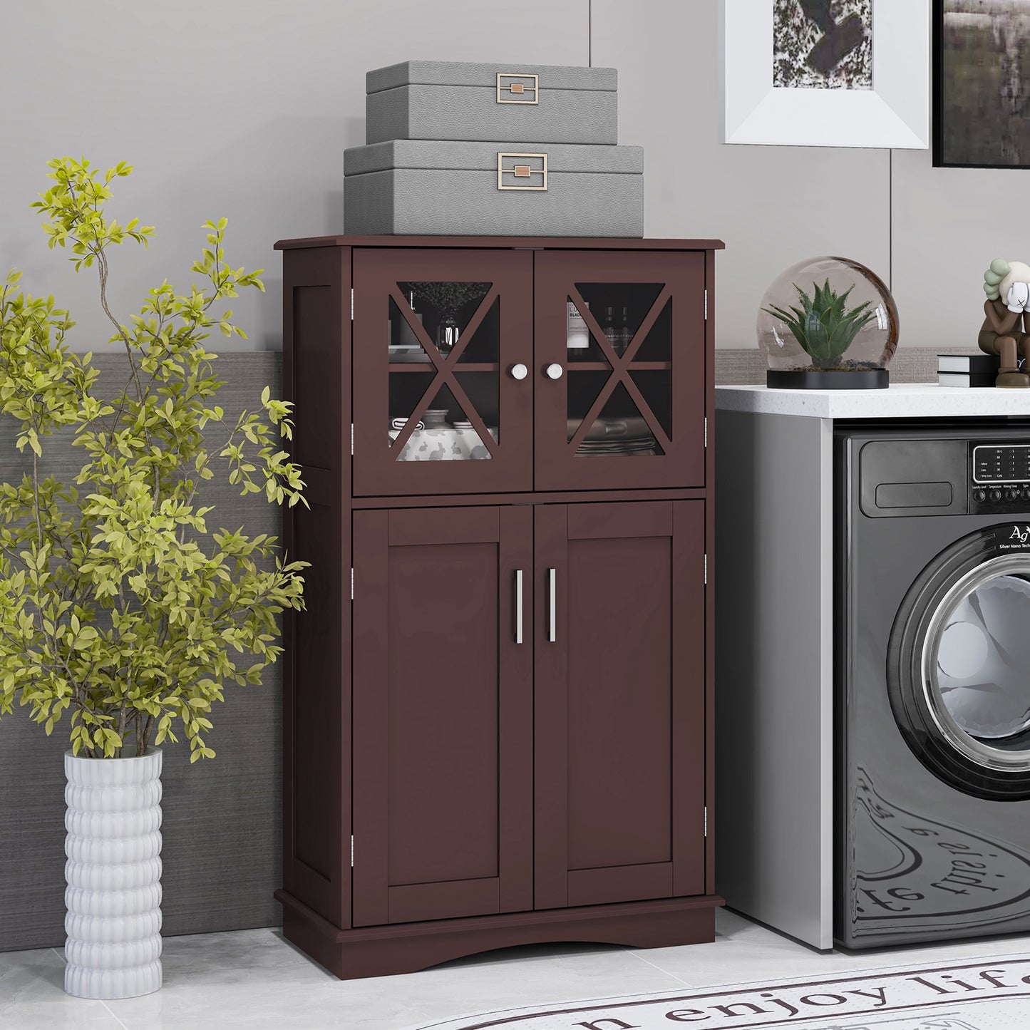 4 Doors Freestanding Bathroom Floor Cabinet with Adjustable Shelves, Brown Floor Cabinets   at Gallery Canada