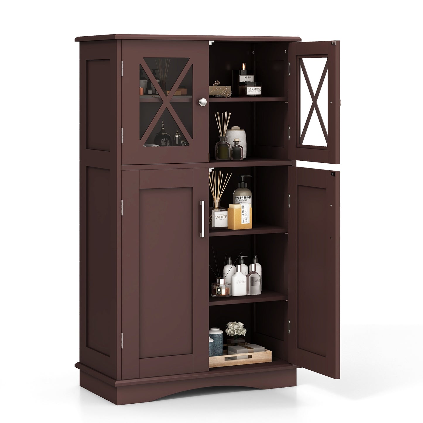 4 Doors Freestanding Bathroom Floor Cabinet with Adjustable Shelves, Brown Floor Cabinets Brown  at Gallery Canada