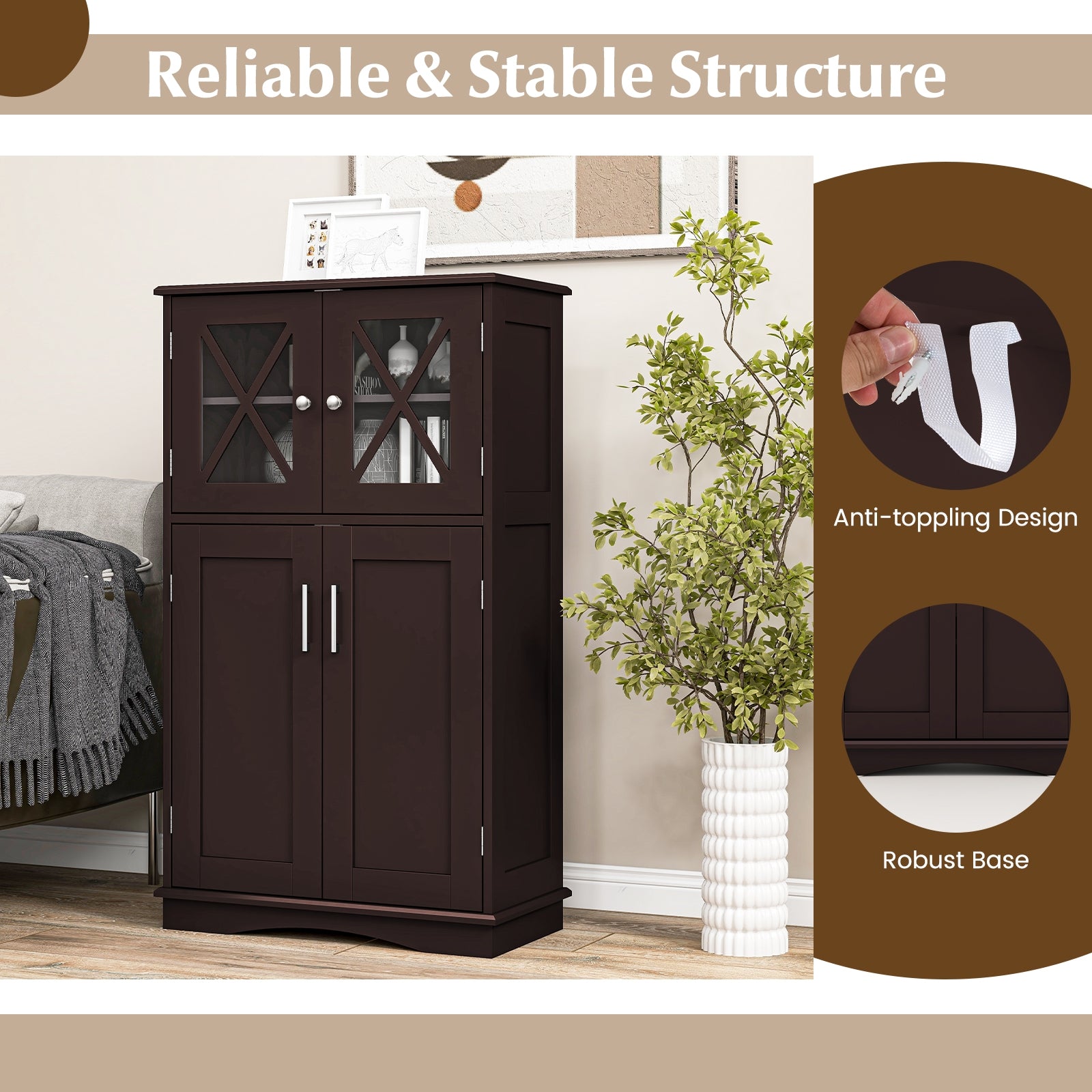 4 Doors Freestanding Bathroom Floor Cabinet with Adjustable Shelves, Brown Floor Cabinets   at Gallery Canada